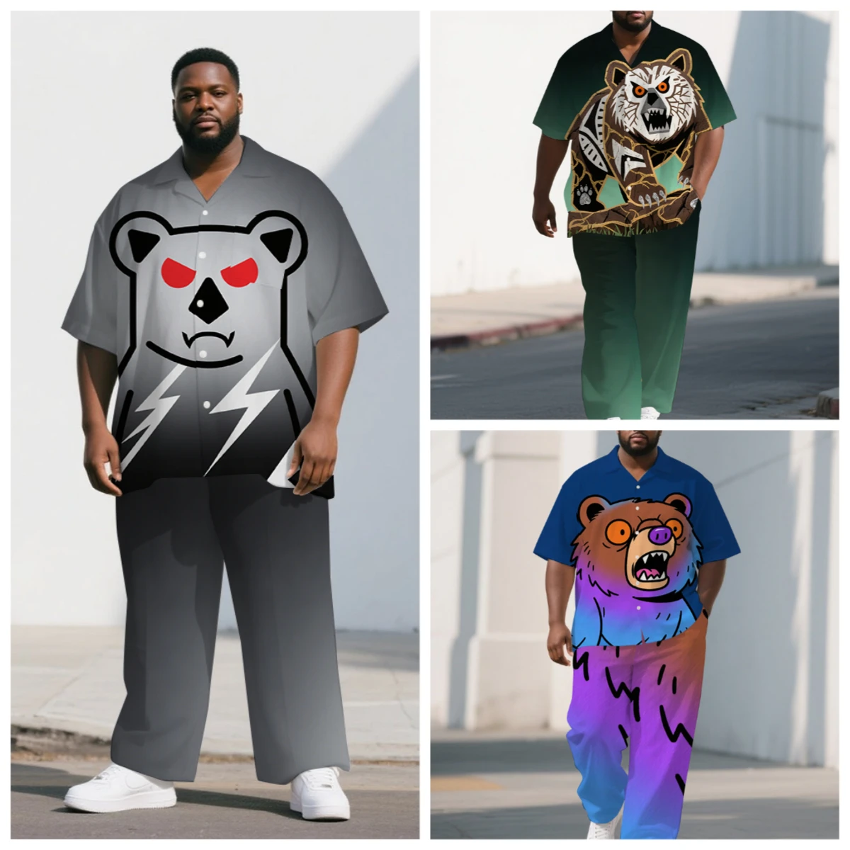 

S-9XL Men's Summer Cartoon Tribal Bear Print Oversized Shirt & Pants Set Multi-Design Casual 2-Piece Outfit