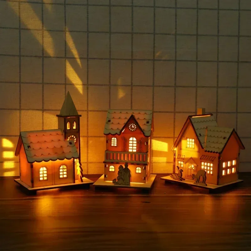 Navidad Christmas LED Light Wooden House Luminous Cabin Christmas Decorations for Home Xmas Tree Ornaments New Year 2024 Gifts