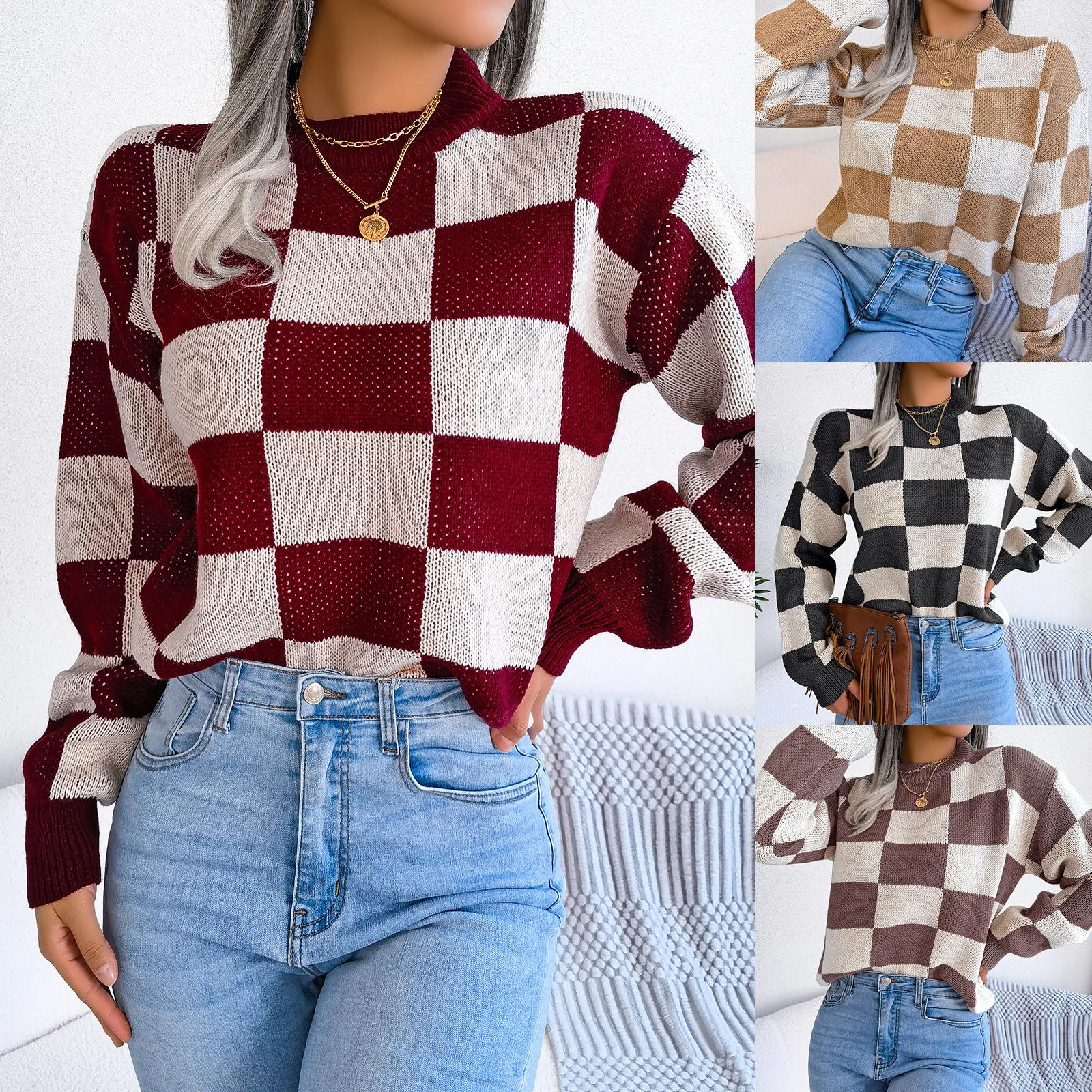 

Autumn Winter Street Sle Color Blo Plaid Long Sve Knitted Sweater Women's Loose Fit Lantern Sve round Ne Stripe P...