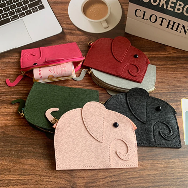 Porte-monnaie en cuir de dessin animé mignon pour femmes, éléphant, sac à main à monnaie pour filles, fermeture éclair, poudres, portefeuille portable, sac à cartes