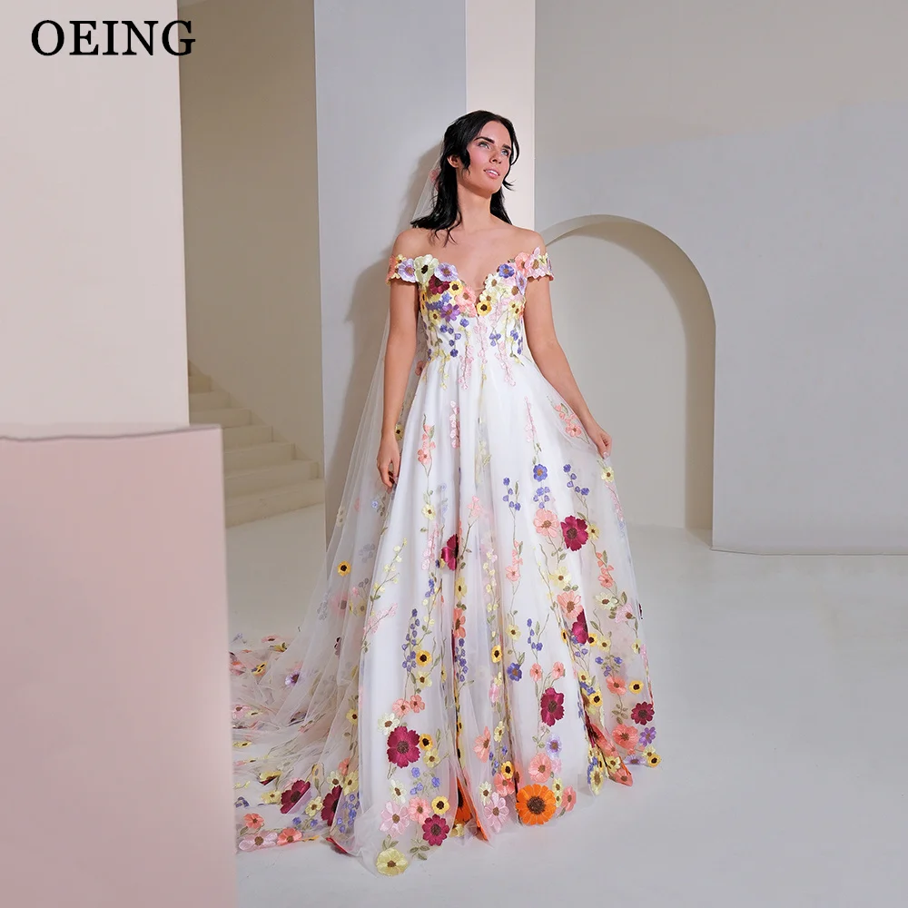 OEING Fairy Tulle Flowers A-Line Prom Dresses Pastrol Princess Evening Dress 3D Applique Wedding Party Gowns Vestidos De Gala