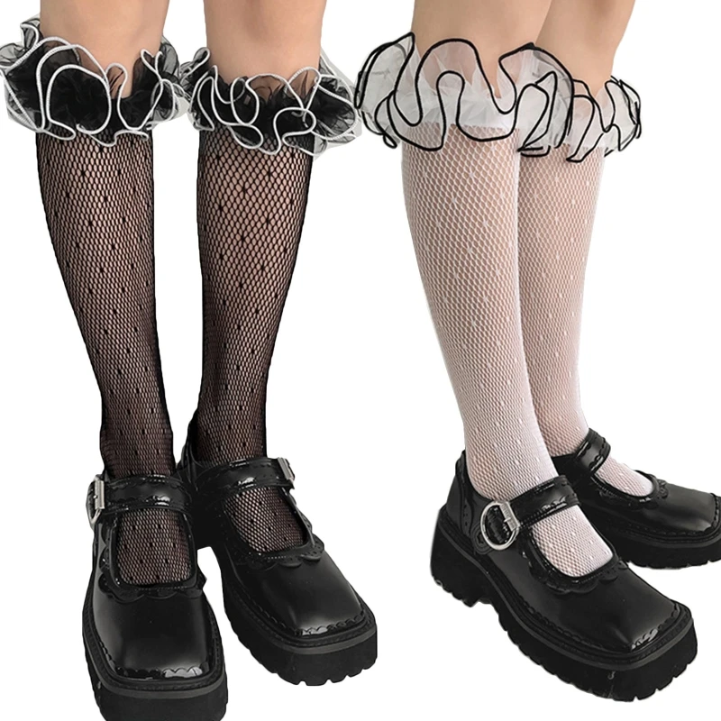 

Women Girls Fishnet Dots Knee High Socks Harajuku Sweet Contrast Color Lettuce Ruffled Lace Trim Calf Stockings