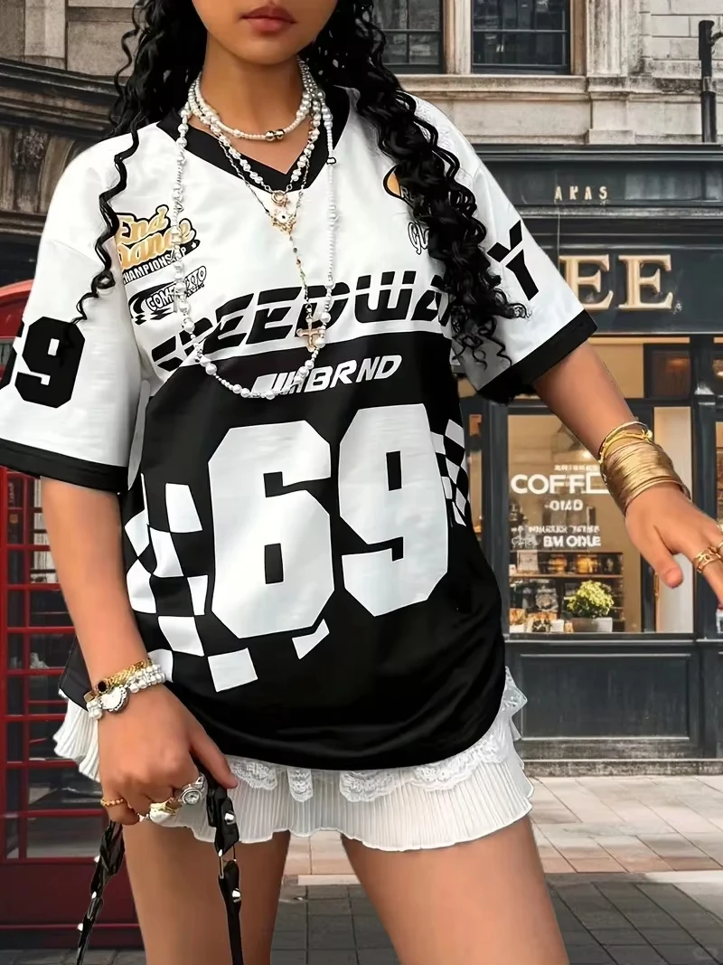 Summer Women Racing Style Print Short Sleeve Casual T-Shirt Short Tee USA Street Trendy Vintage Y2k Loose Oversized Fashion Top