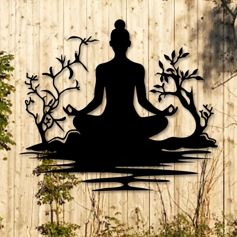 Modern Zen Buddha Wall Hanging Metal Tree Sculpture Tranquil Religious Art for Living Room Yoga Spa Decor