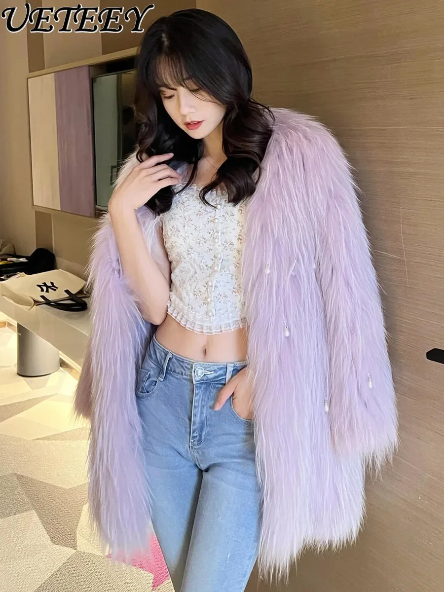 2023 New Fur Coat Women's Winter Imitation Fox Fur Mid-Length Korean Style Elegant Pearl Tassel Thickened Raccoon Fur Coat