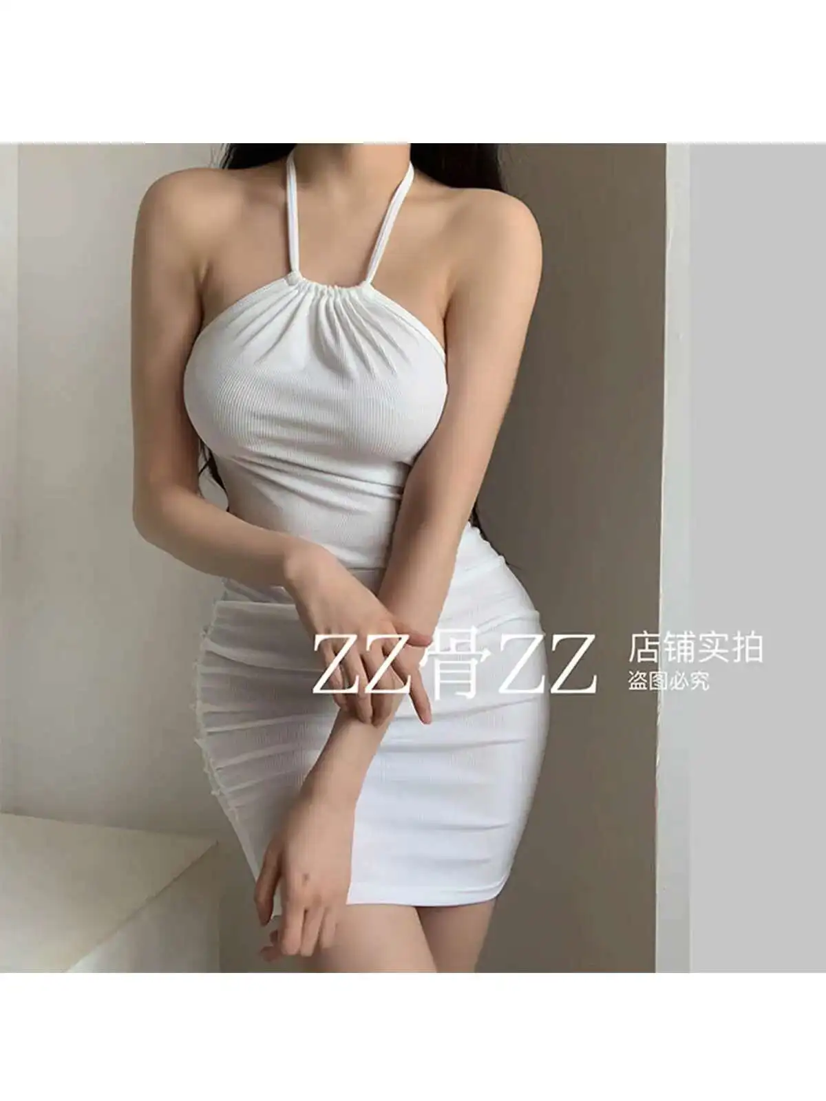 Dulce nueva chica elegante estilo Sexy cuello colgante estilo puro deseo fino envuelto cadera Vestido corto elegante caliente Sexy mujeres Tops 19XZ