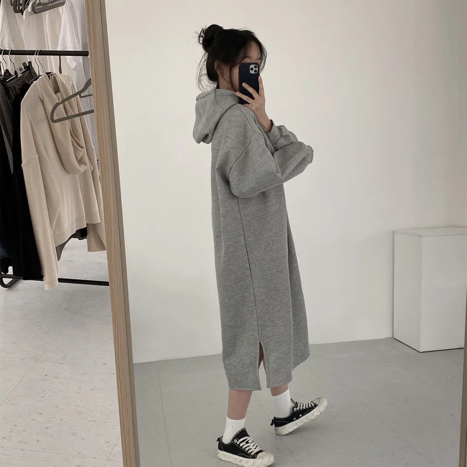 2025 Autumn Winter Women's Long Hooded Pullover Dress Loose Slim Fit Mid Length Over The Knee Split Fleece Lined Sweatshirt