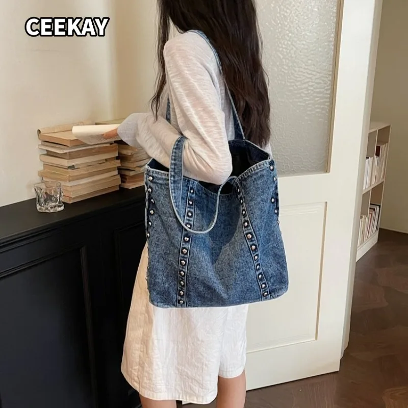 

CEEKAY Large Rivet Washed Denim Tote Handbag Retro Street Style Soft Shoulder Purse for Campus Shopping Daily Outdoor Life Women