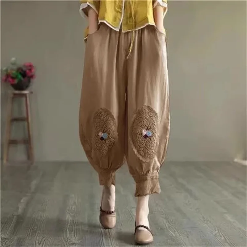 

Summer Women Cotton And Linen Pants Small And Thin, Embroidered Lace Lantern Pants, Artistic Retro Nine Point Casual Harem Pants