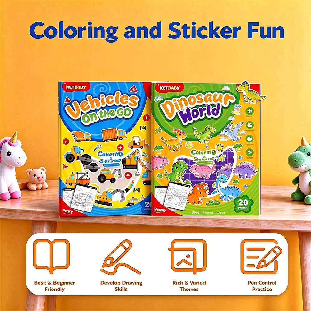 Coloring Book with Stickers - Vehicles & Dinosaur Theme Art Set for Adults & Teens, DIY Stress Relief Drawing