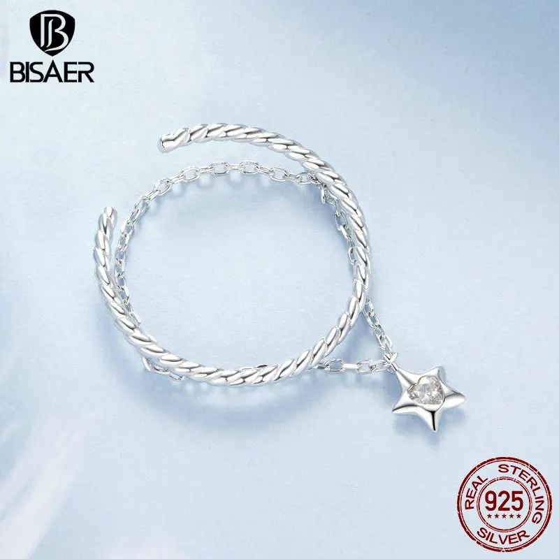 BISAER 925 Sterling Silver Dancing Star Open Ring Multi-layer Band Adjustable Plated White Gold for Women Party Fine Jewelry