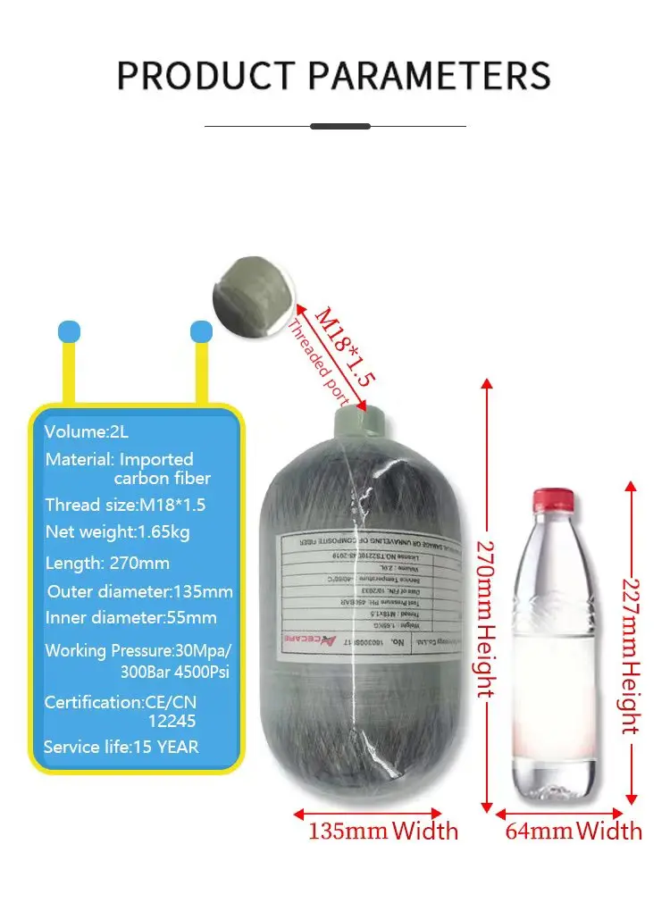 Serbatoio in fibra di carbonio Acecare 2L CE con valvola rossa e stazione di rifornimento serbatoio aria compressa 4500Psi 30 Mpa