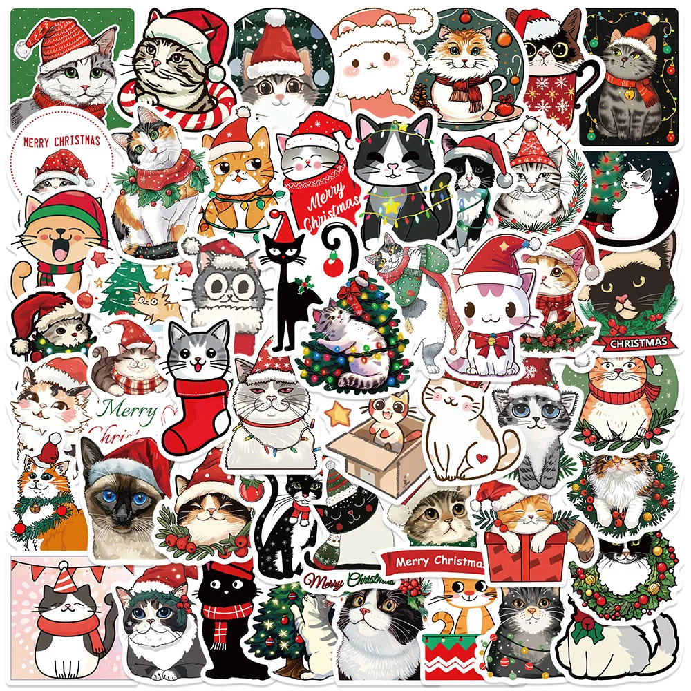 50PCS Cute Christmas Cat Stickers Cartoon Animals For Holiday Gifts Decals Laptop Fridge Cup Luggage Skateboard Kids Stickers