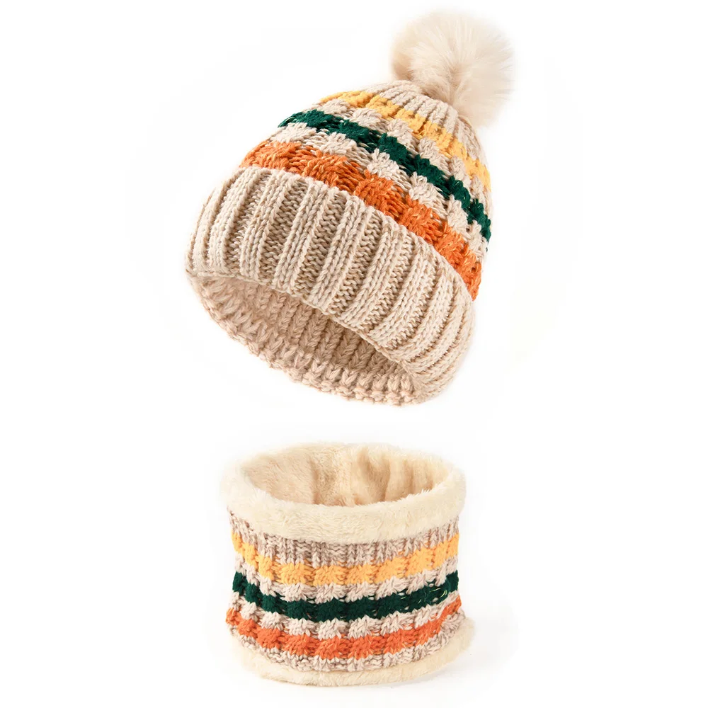 ชุดหมวกบีนนี่และผ้าพันคอไหมพรมลายทางสำหรับผู้หญิงและผู้ชาย 2 ชิ้น สำหรับฤดูหนาว บุขนแกะ อุ่นสบาย ใช้คลุมศีรษะและคอ เหมาะสำหรับเทศกาลคริสต์มาส