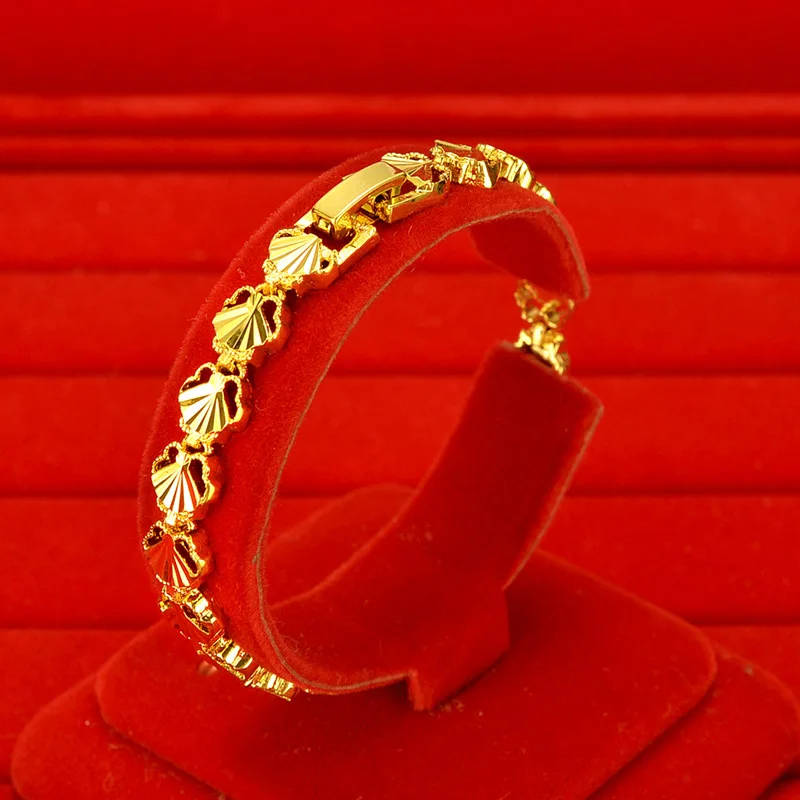 Women heart shaped watch chain bracelet of AU999 24K pure gold, firm connected links, smooth edges and multiple sizes to choose