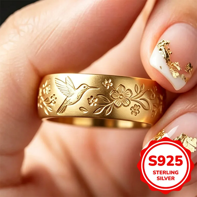 Genuine 925 Sterling Silver 14K Gold Plated Hummingbird Floral Engraved Wide Band Ring Women Vintage Bird Flower Carved Ring