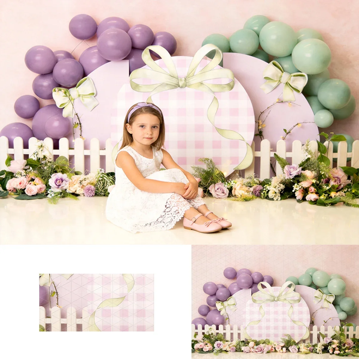 Pastel Balloon Gift Box Photography Backdrop with White Picket Fence Floral Decor for Birthday Party Photoshoots