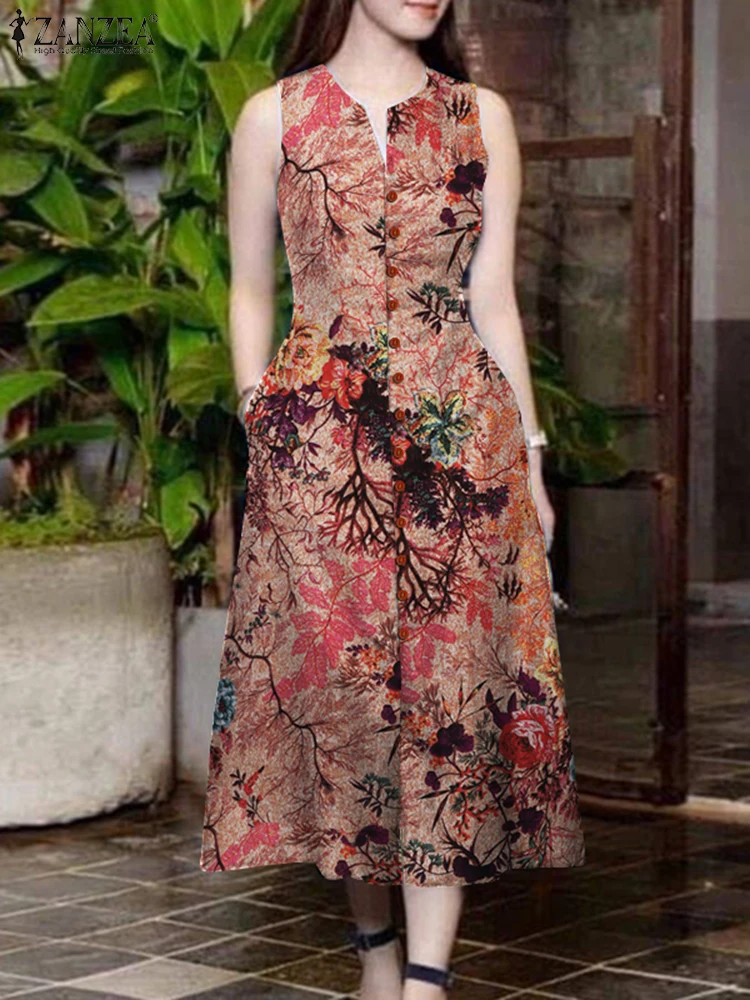 ZANZEA Casual Blumen Druck Baumwolle Tank Kleider für Frau Sommer Mode V-ausschnitt Ärmellose A-Line Midi Vestidos de Mujer