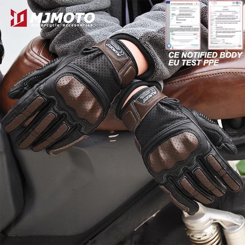 

Retro Genuine Leather Motorcycle Gloves for Man Breathable Holes Motocross Gloves CE Certification Motorbike Gloves Touchscreen