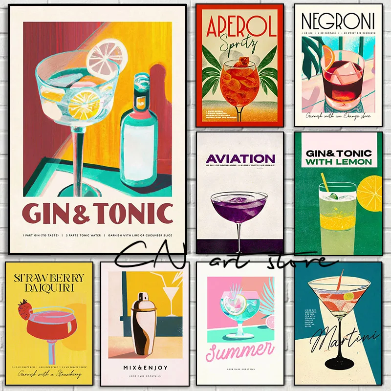 Póster de Arte Vintage con Diseño de Bebidas: Mojito, Aperol, Gin y Tonic, Limón, para Cocina, Impresión en Lienzo, Decoración de Pared para Bar, Cafetería, Hogar