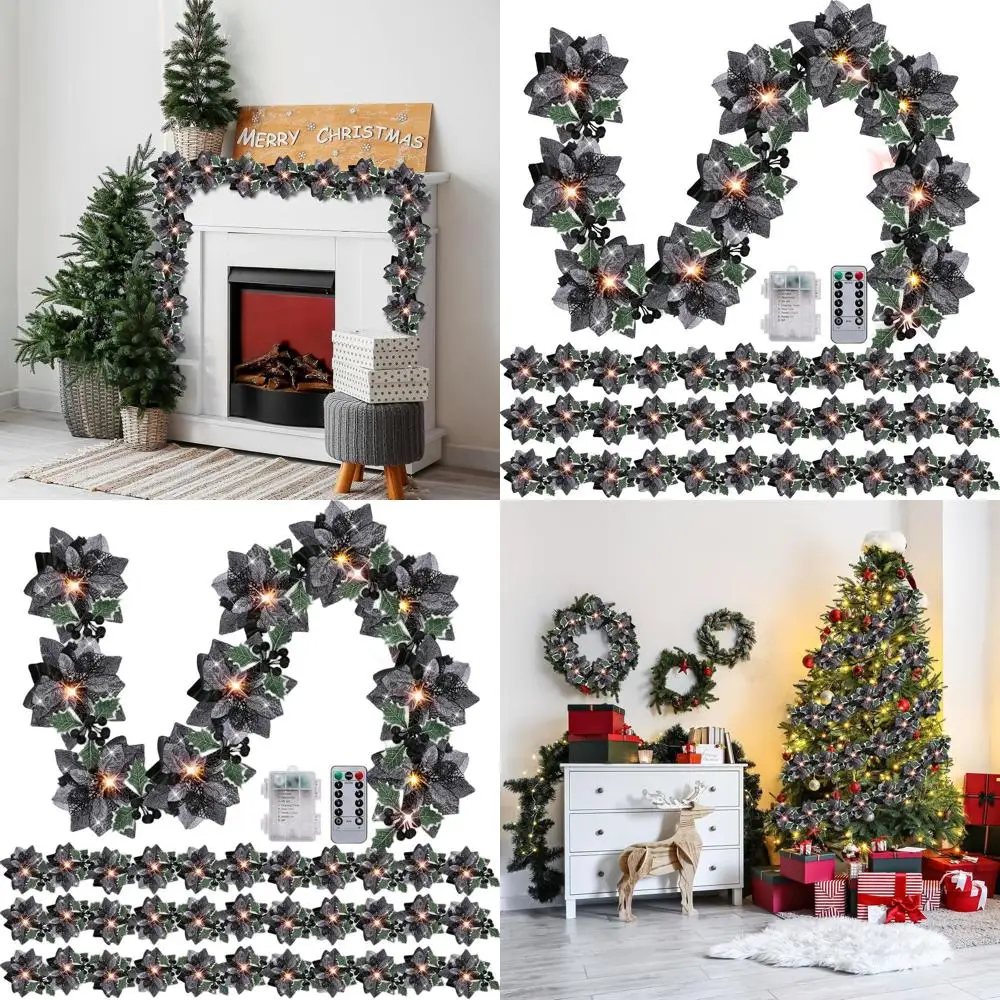 

Гирлянда Пуансеттия длиной 6,5 футов с батарейным питанием и блестящими ягодами и ягодами, 8 режимами освещения, пультом дистанционного управления и таймером, подходит для