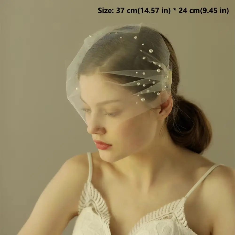 Elegant Soft Tulle Bridal Veil White Short Length Blusher Veil Breathable Handmade Pearls Side Comb Veil Wedding Ceremony image 6