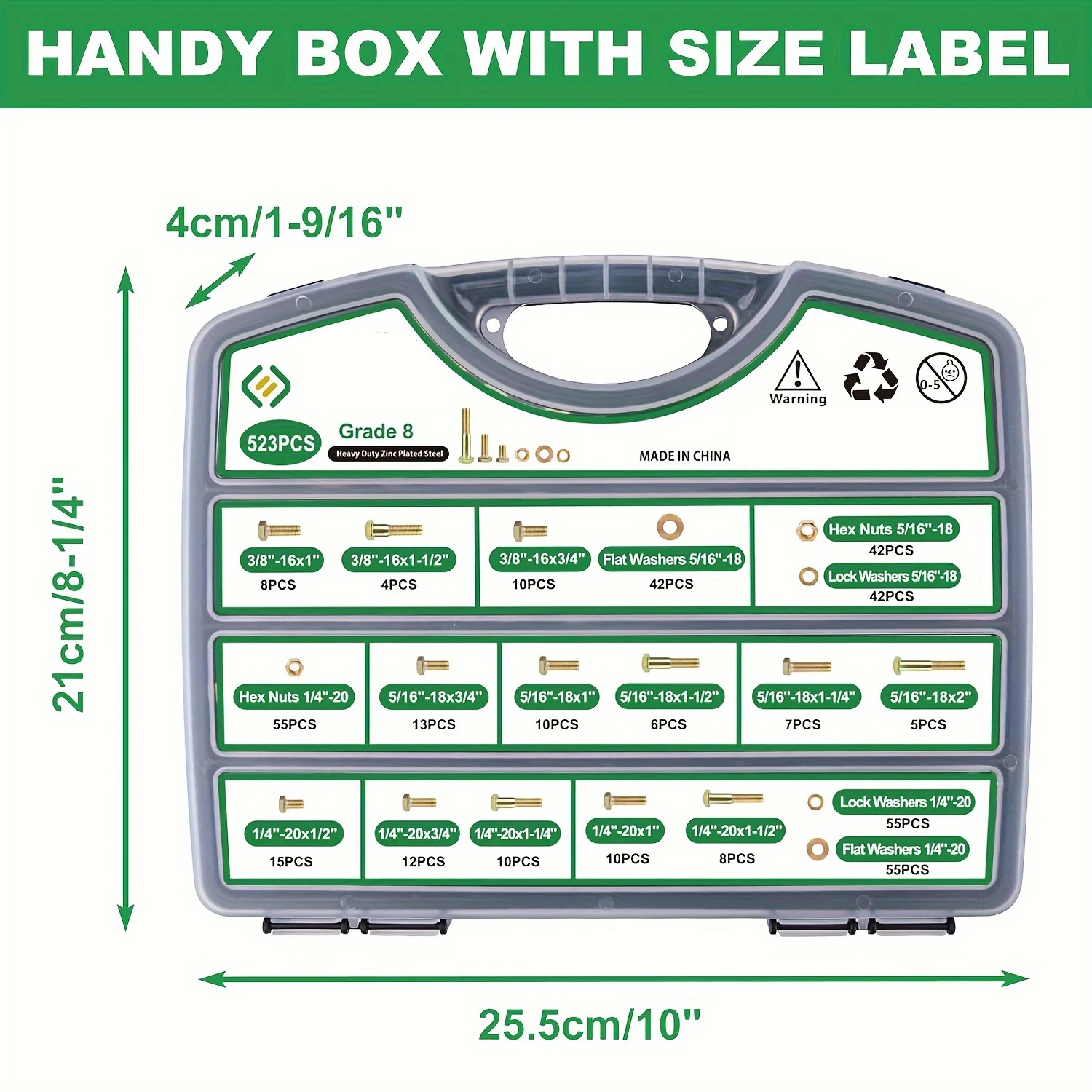 523PCS Grade 8 Bolts and Nuts Assortment Kit, Heavy Duty Nut and Bolt Assortment, 1/4-20 5/16-18 3/8-16 SAE Hex Bolts