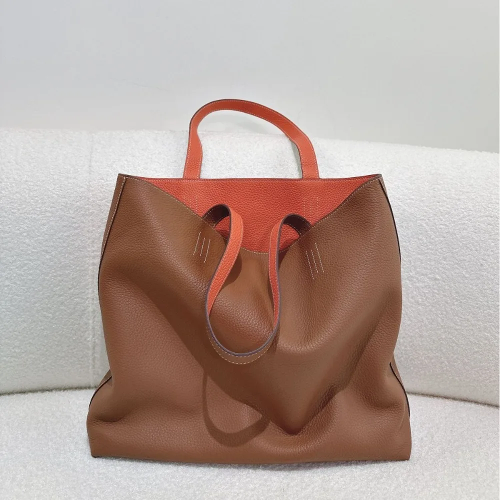 Inside Outside TC Cowhide 2026 New High-end Tote Women's Bag Large-capacity Contrasting Color Minimalist Shoulder Shopping Bag