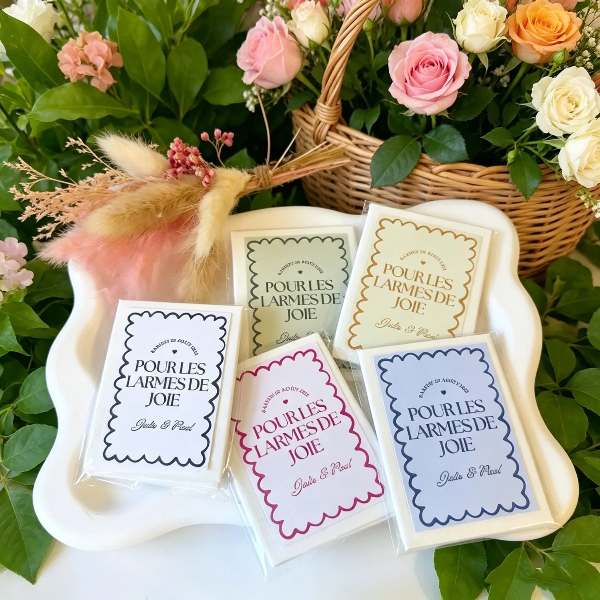 Sacs en tissu pour mariage à bords ondulés multicolores « Pour les larmes de joie », personnalisables avec noms et date, impression manuscrite, petits sacs pour invités de mariage