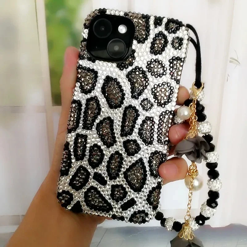 Bling Bling Grey Leopard Print Rhinestone All Inclusive Phone Case for iPhone 15 Pro Max 14 13 12 11 Xsmax Xr Full Soft Cover