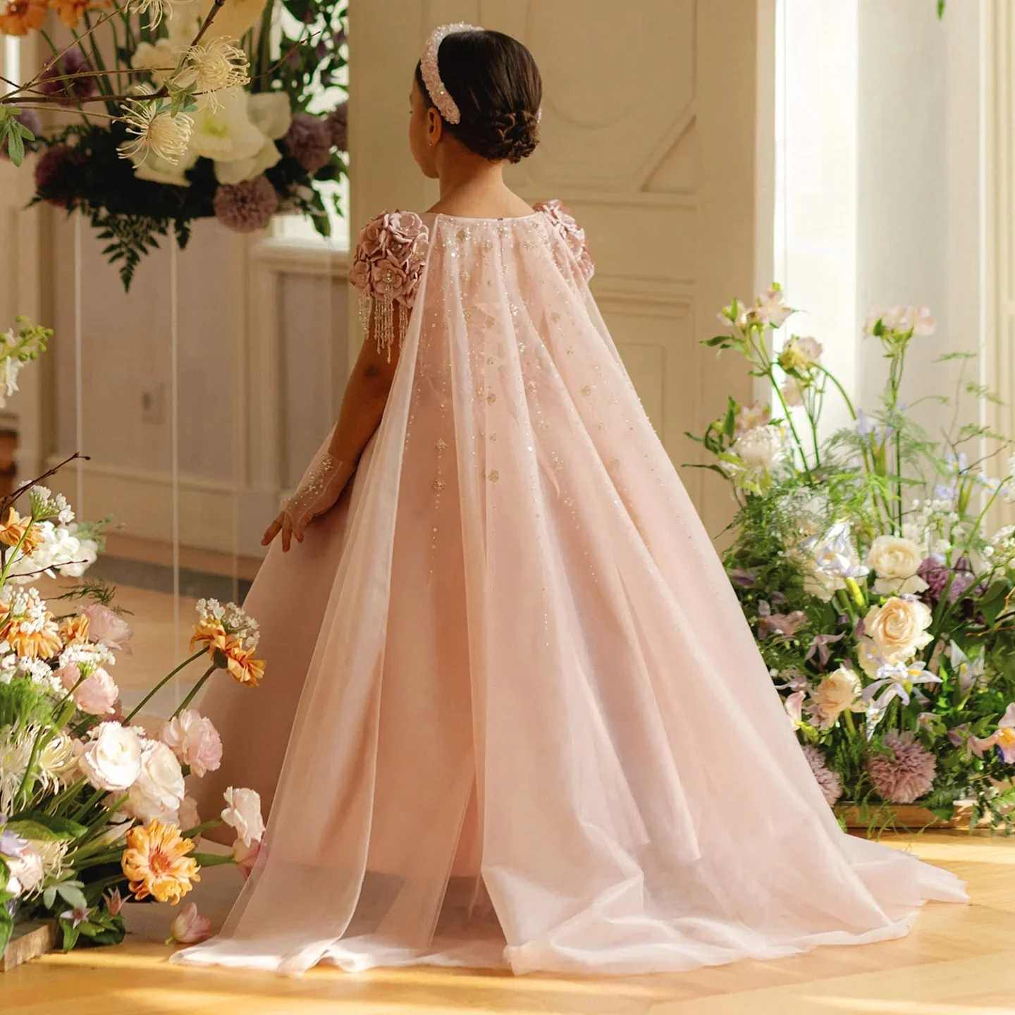 Princess Pink Flower Girl Dresses With Cape Kids Birthday Pageant Gowns Children Floral Wedding First Communion Dresses