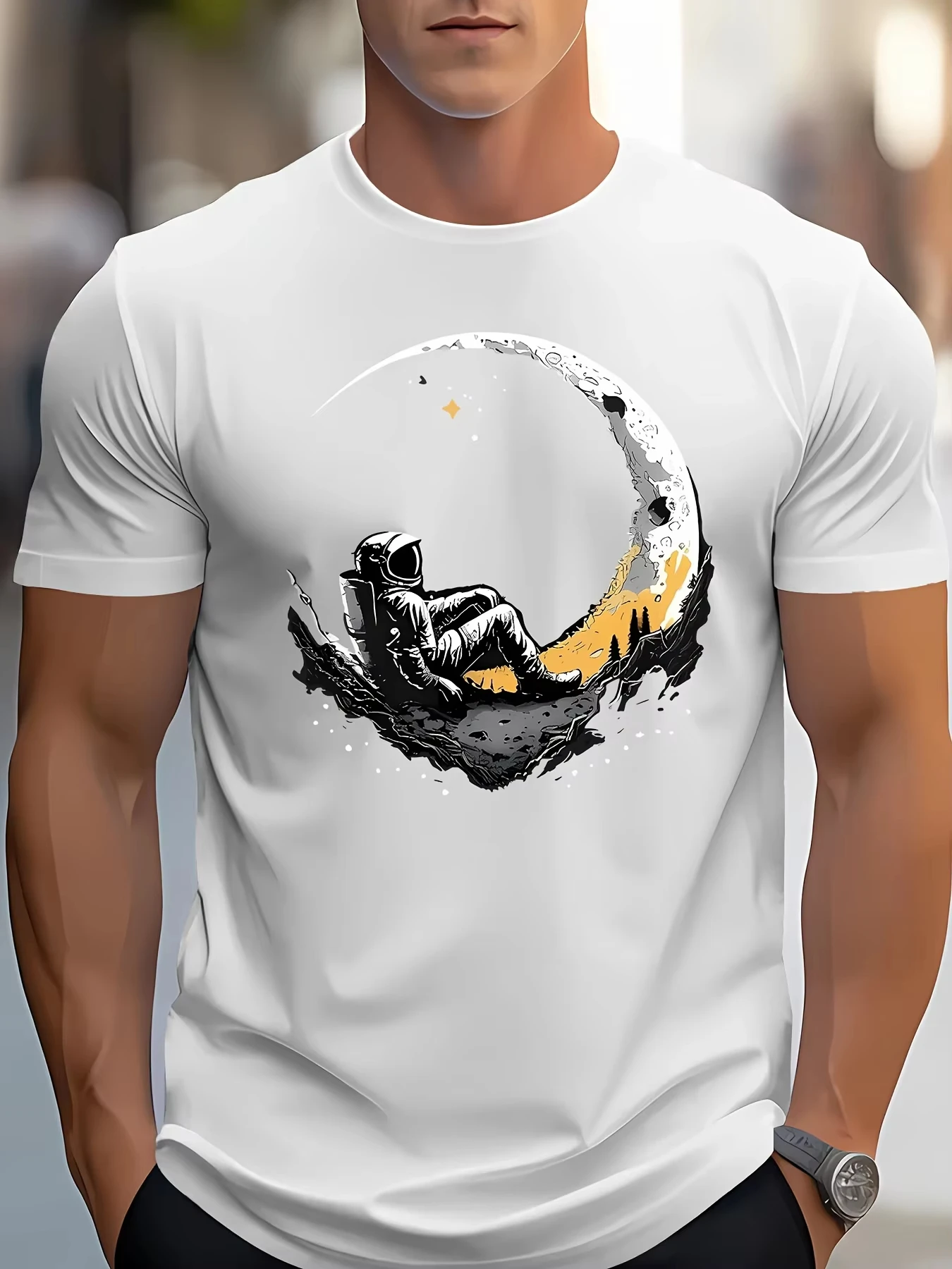 Men's  T-shirt Summer Cotton Fashionable Casual Loose Plus Size Landing Moon Pattern Printed Sports Round Neck Short Sleeved