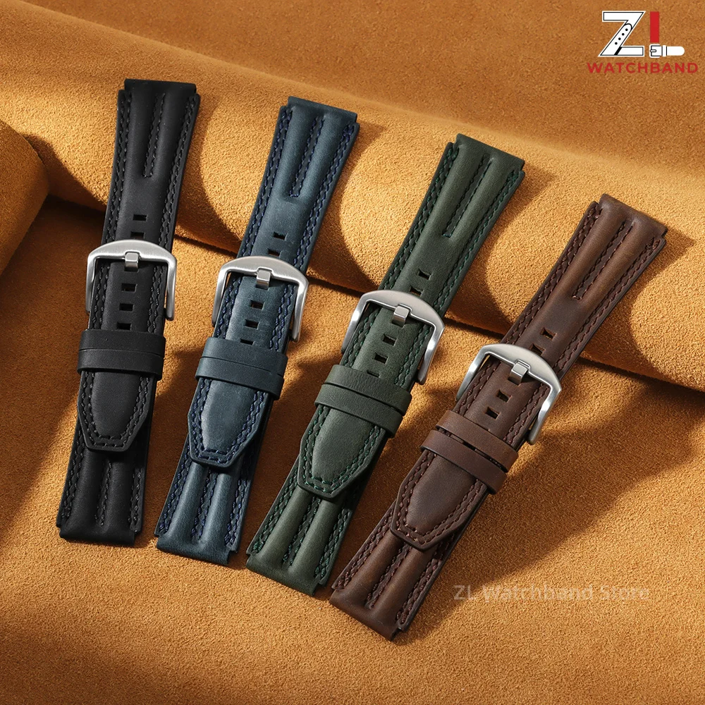 22mm Crazy Horse Leather Watchband Double Stitching Groove Design Strap for Rolex for Seiko Replacement Genuine Leather Bracelet