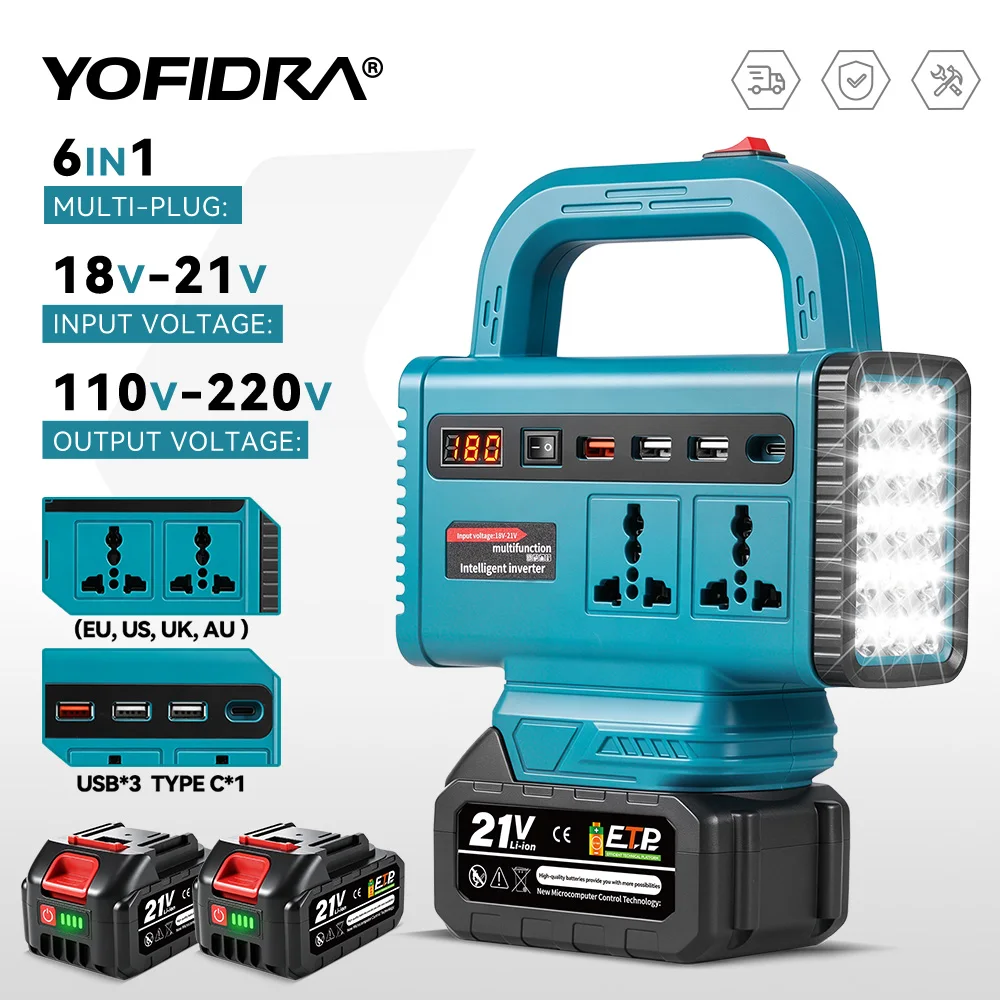 YOFIDRA 350W Portable Power Inverter Outdoor Emergency Power Supply With USB Type-C AC Outlet LED Light For Makita Battery Pin