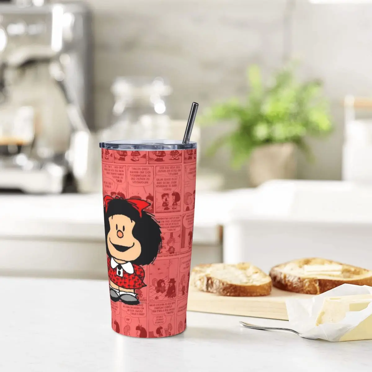 Mafalda Cartoon Tumbler Vacuum Insulated Anime Thermal Cup with Lid Straw Office Home Mugs Hot Cold Drink, 20oz