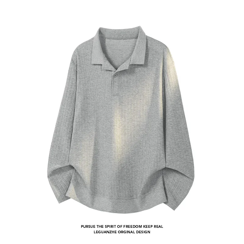 Mens Lapel Long Sleeve Polo Shirt Waffle Textured Fabric Loose Curved Hem Soft Casual Autumn Daily Top