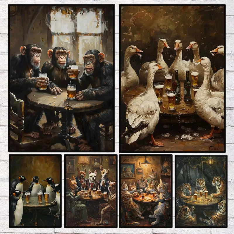 1pc frameless canvas Animals Drinking Beer in A Tavern Poster Retro Monkey Dog Cat Penguin Party  Wall Art for Living Room Ho