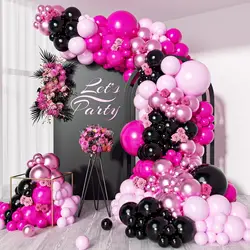 112Pcs Hot Pink Black Latex Balloons Garland Arch Kit Birthday Party Baby Shower Bridal Shower Wedding Princess Party Decor