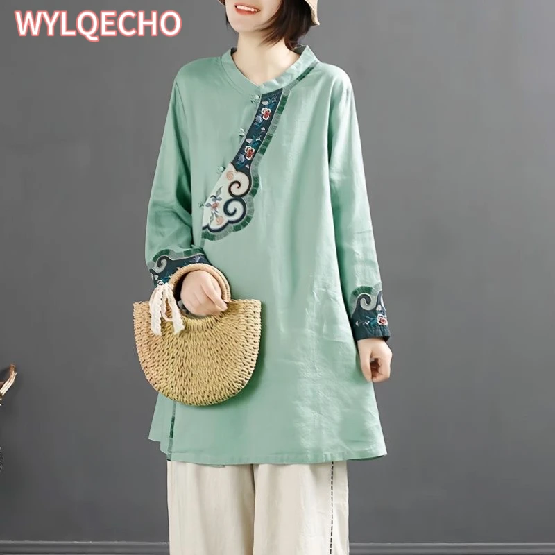 Chinese Style Modified Hanfu Exquisite Embroidery Long Dress Women 2026 Retro Stand Collar Elegant Loose Casual/Party Dress
