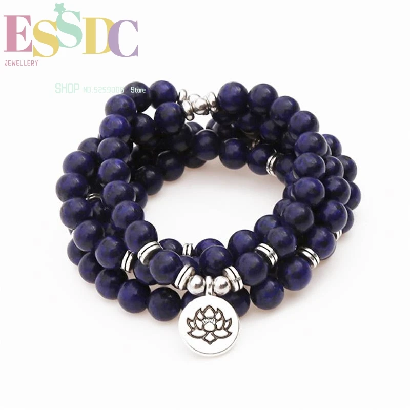 Fashion New 8mm Natural Blue Lapis Lazuli Lotus Charm Bracelet Hand Beaded 108  Yoga Necklace Meditation Mala Dropship