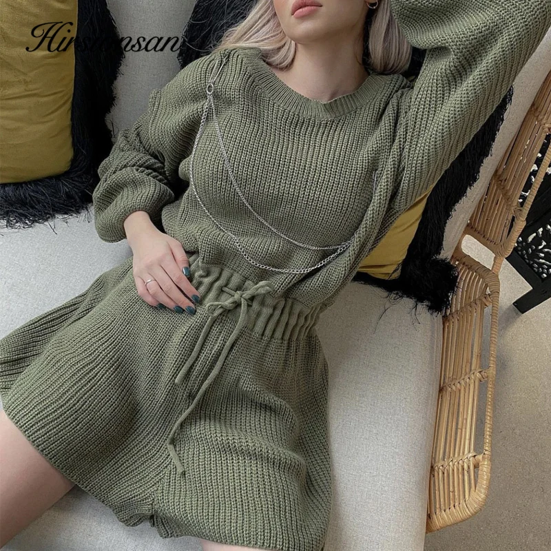 Hirsionsan O Neck  Women Jumpsuit Long Sleeve High Waist Knitted Playsuit 2023 Autumn New Tied Waist Hollow Out Female Sweater