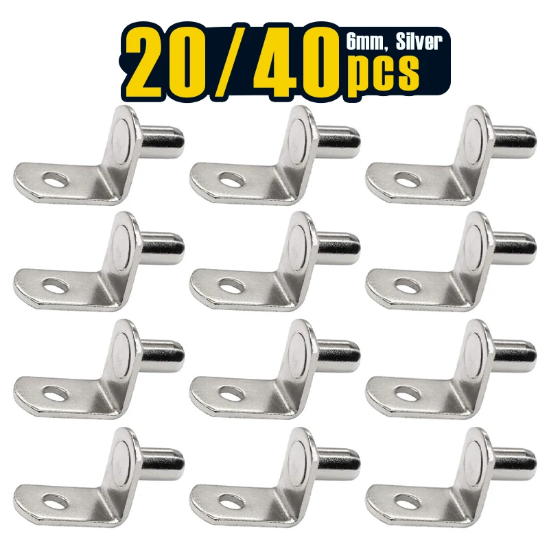 20/ 40 pcs, 6mm Shelf Pins, L-Shaped Nickel Plated Shelf Support Pegs with Hole for Cabinet, Bookcase, Closet, Kitchen Furniture