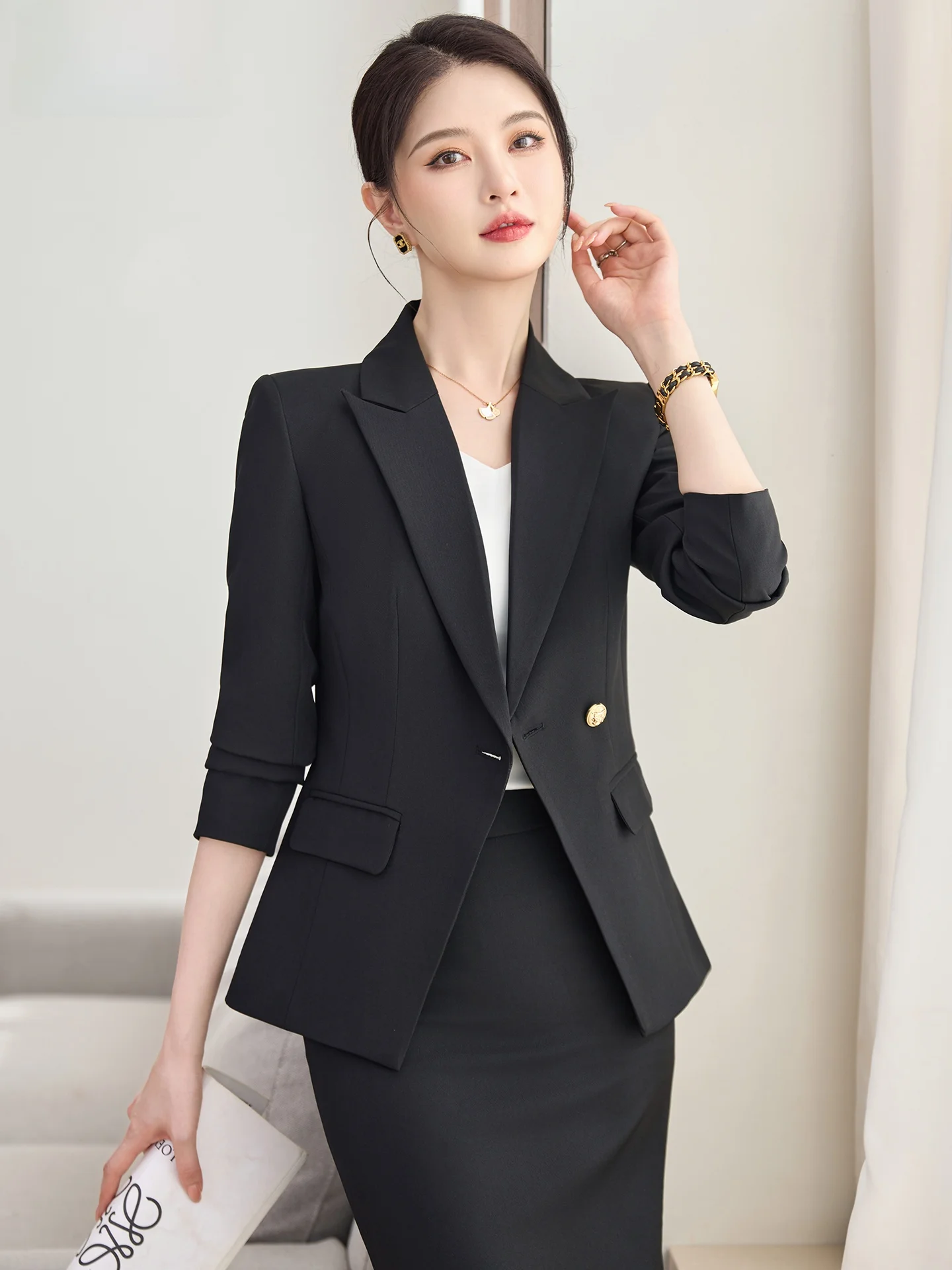 

Bla Suit Jaet Women's Spring 2026 New Luxury Sensation Profional Workwear Skirt Set Slim Fit Sle Long Sve Button ...