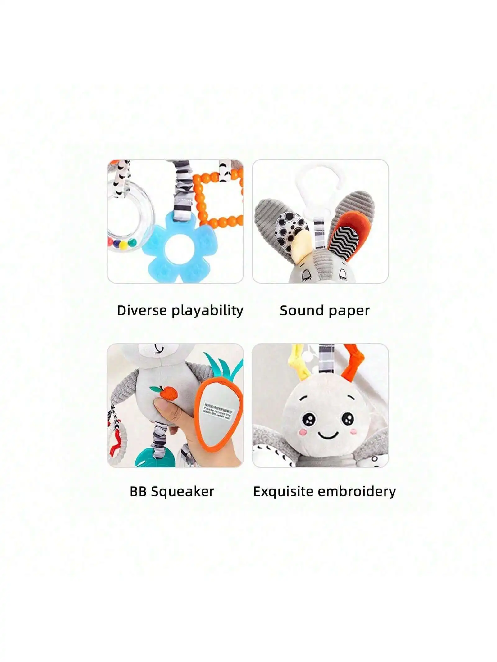 1pc Unisex Baby Car Hanging Toys, Ins Style Cute Animal Black White Grey, Visual Stimulation, Safe Car Seat Rattle, Teether