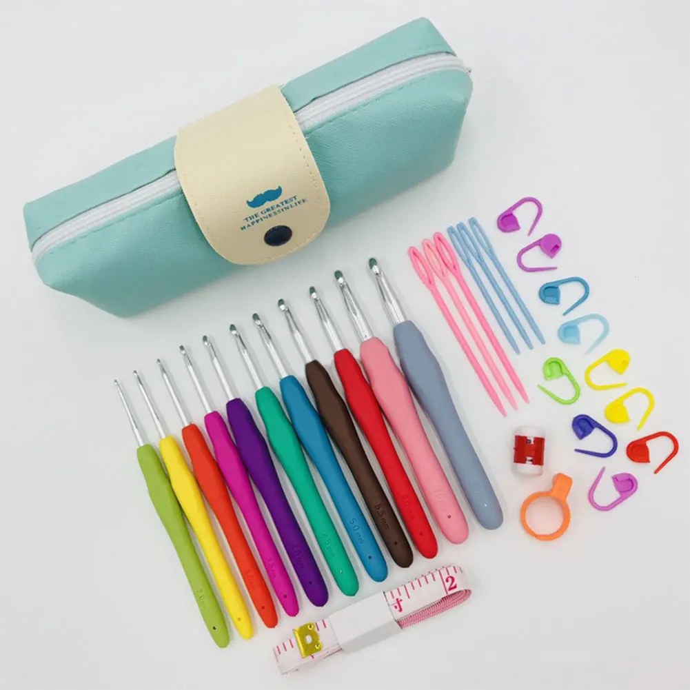 Häkelnadel-Set, Garn-Stricknadeln mit Etui, Aluminium-Häkelnadeln, ergonomischer Griff, 11 Größen für Mutter, Oma, Geschenke
