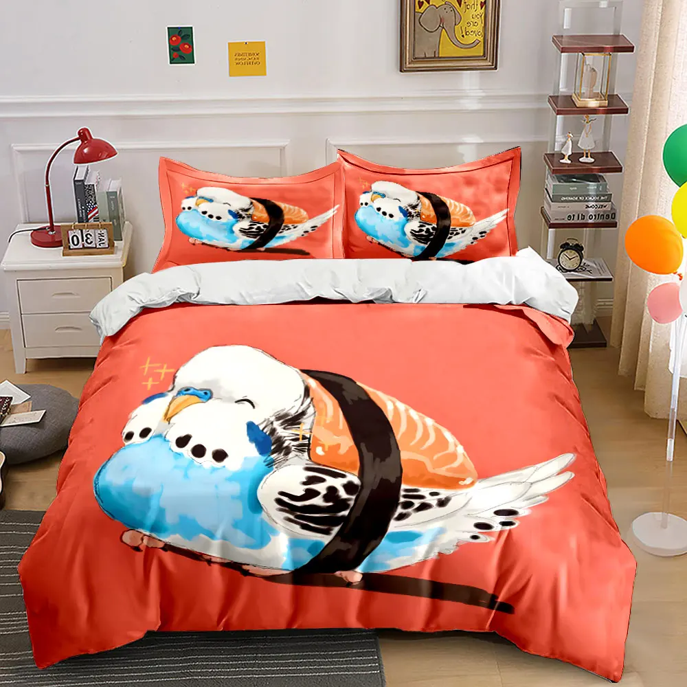 3Pcs Sushi Budgie Cartoon Bedding Set, Cute Kawaii Parrot Print Duvet Cover 2 Pillowcases Single Double King Queen, Gift