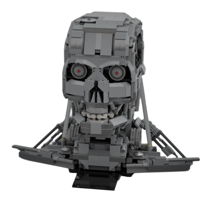 Sci-Fi Robot Skull Bust MOC Building Blocks, Futuristic Cyborg Head Model With Internal Mechanical Structure Details