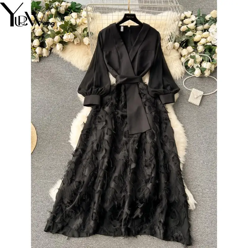 GetSpring Women Dress 2025 Spring New Vintage V Neck Puff Sleeve High Waist Stitching Fake Two Slim Fit Long Black Dresses