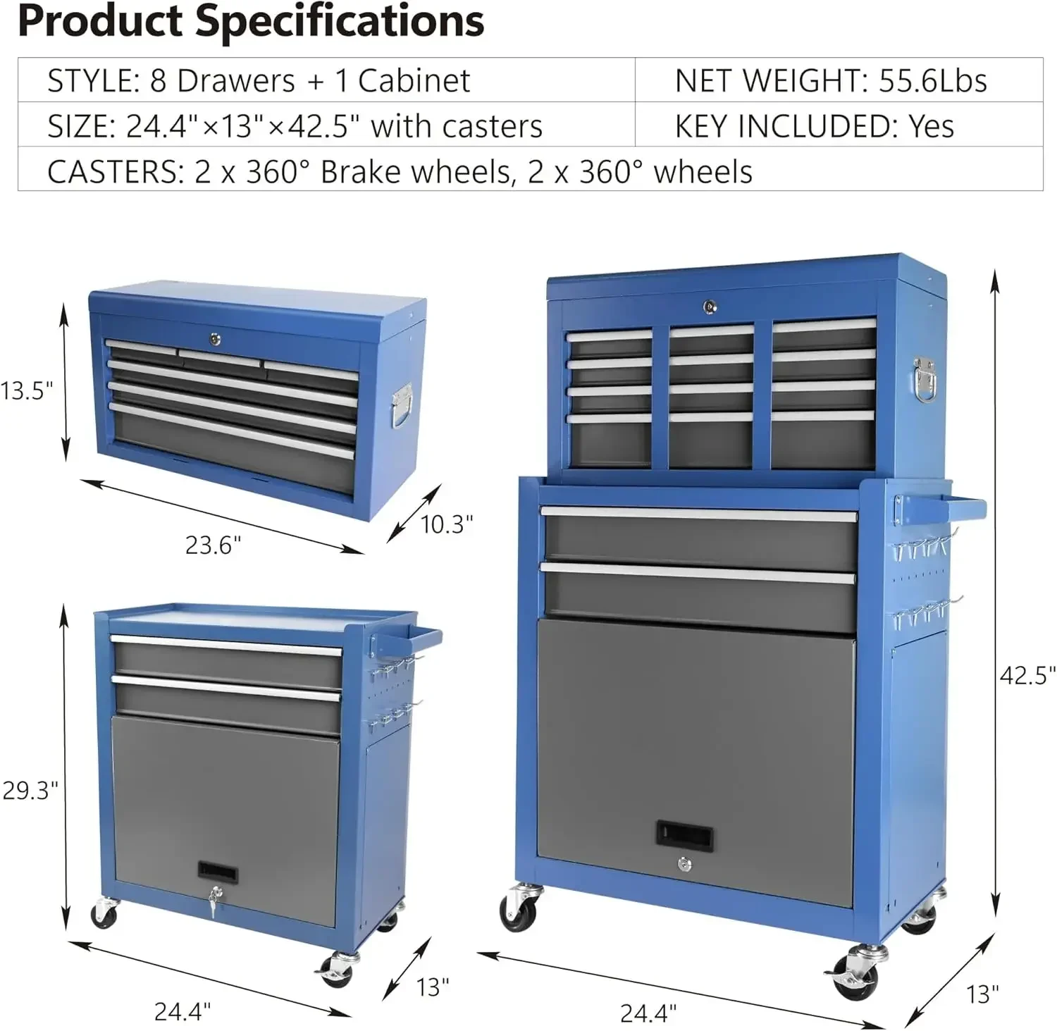 8-Drawer Rolling Tool Chest with Wheels Large Tool Cabinet with Drawers Mobile Steel Tool Storage Organizer with Lock Liner