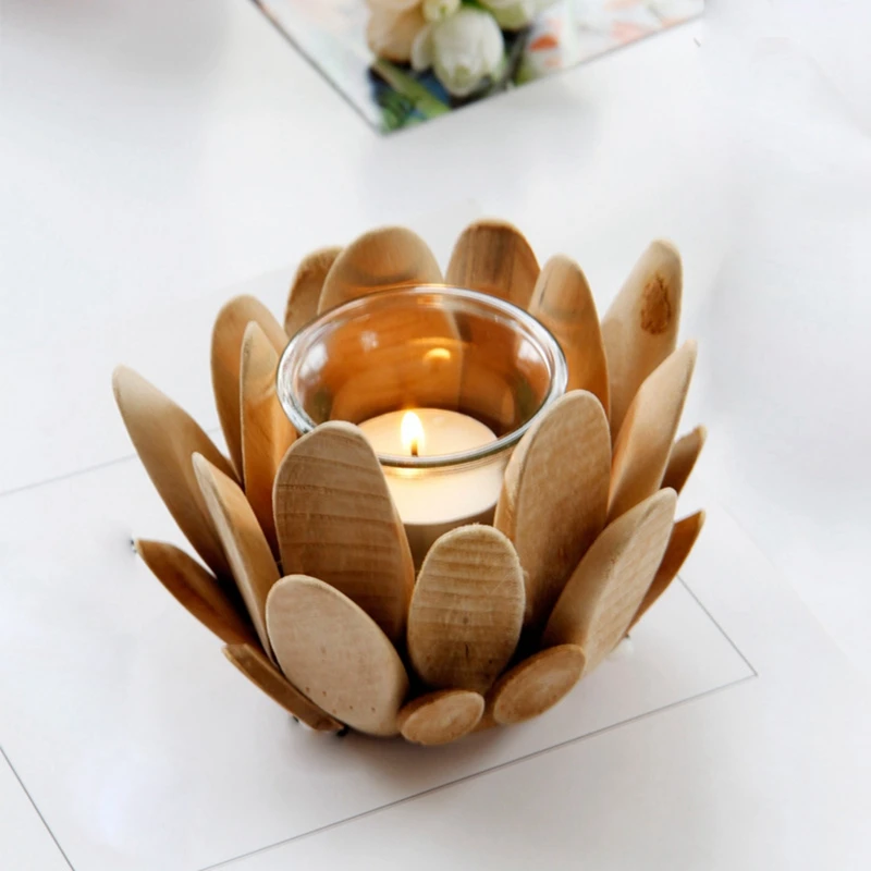 N85R-나무 꽃 캔들 홀더 나무 기둥 캔들 스탠드 꽃 티 라이트 홀더 나무 트림 로터스 장식 레트로 캔들 홀더